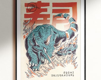 Retro Sushi Triceratops Print: Vintage Kaiju Dinosaur Wall Art