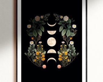 May include: A black and white print of a moon phases illustration surrounded by green leaves and white and yellow flowers.