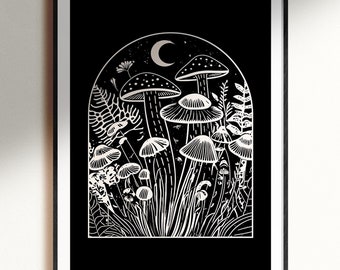 Impression d'art champignon croissant de lune : décoration murale botanique noyau forestier