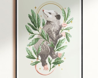 Vintage Possum Print: Boho Floral Woodland Animal Wall Art