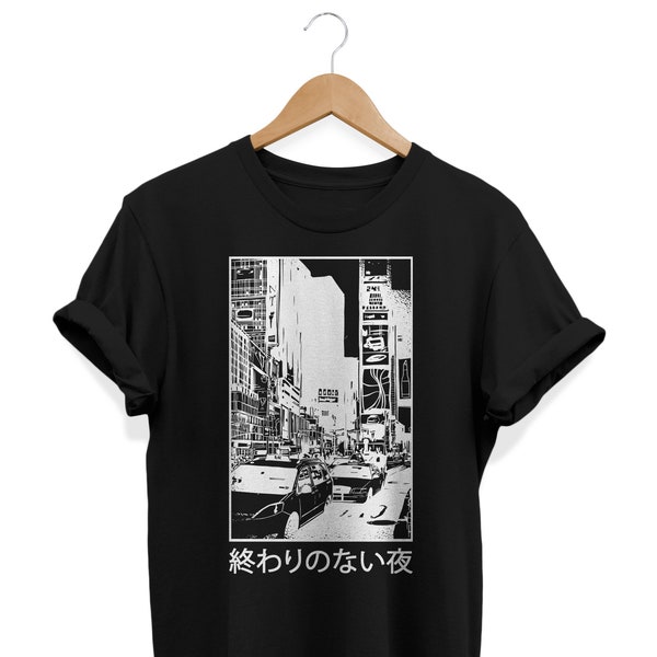 Chemise avant-gardiste Endless Nights, t-shirt esthétique japonais, streetwear japonais, vêtements Tumblr, vêtements grunge, t-shirt kanji, art de rue, cadeau anime