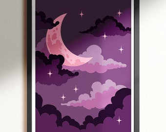 May include: A digital illustration of a crescent moon in pink against a dark purple background with white stars and layered clouds in shades of purple and pink.