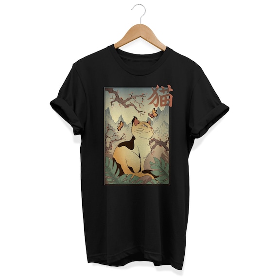 Vintage Japan Cat T-shirt, Japanese Aesthetic Kanji Apparel