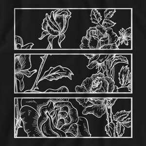 May include: Black background with three rectangular panels featuring detailed white line drawings of roses and foliage. The floral illustrations are framed with a thin silver border, creating a striking contrast.