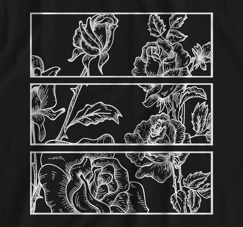 May include: Black background with three rectangular panels featuring detailed white line drawings of roses and foliage. The floral illustrations are framed with a thin silver border, creating a striking contrast.