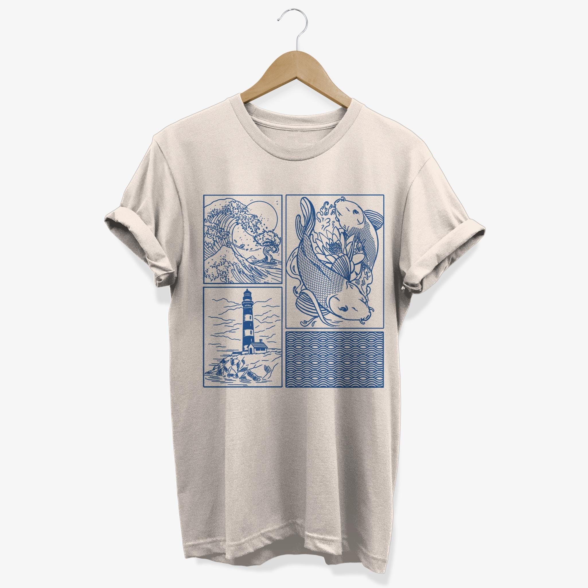 Vintage Minimalist Marine Life Japan T-shirt | Coastal Japanese Aesthetic Graphic Tee | Urban Streetwear Line Art Gifts