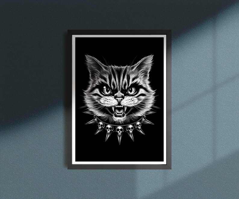Gothic Cat Print, Punk Cat Poster, Kitty Skulls Spiked Collar Wall