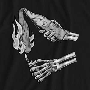 May include: A black and white illustration of a skeleton holding a lit Molotov cocktail. The skeleton is depicted with a skull and crossbones, and the Molotov cocktail is made of a glass bottle with a cloth wick.