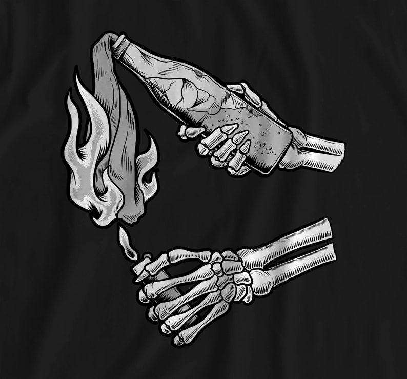 May include: A black and white illustration of a skeleton holding a lit Molotov cocktail. The skeleton is depicted with a skull and crossbones, and the Molotov cocktail is made of a glass bottle with a cloth wick.