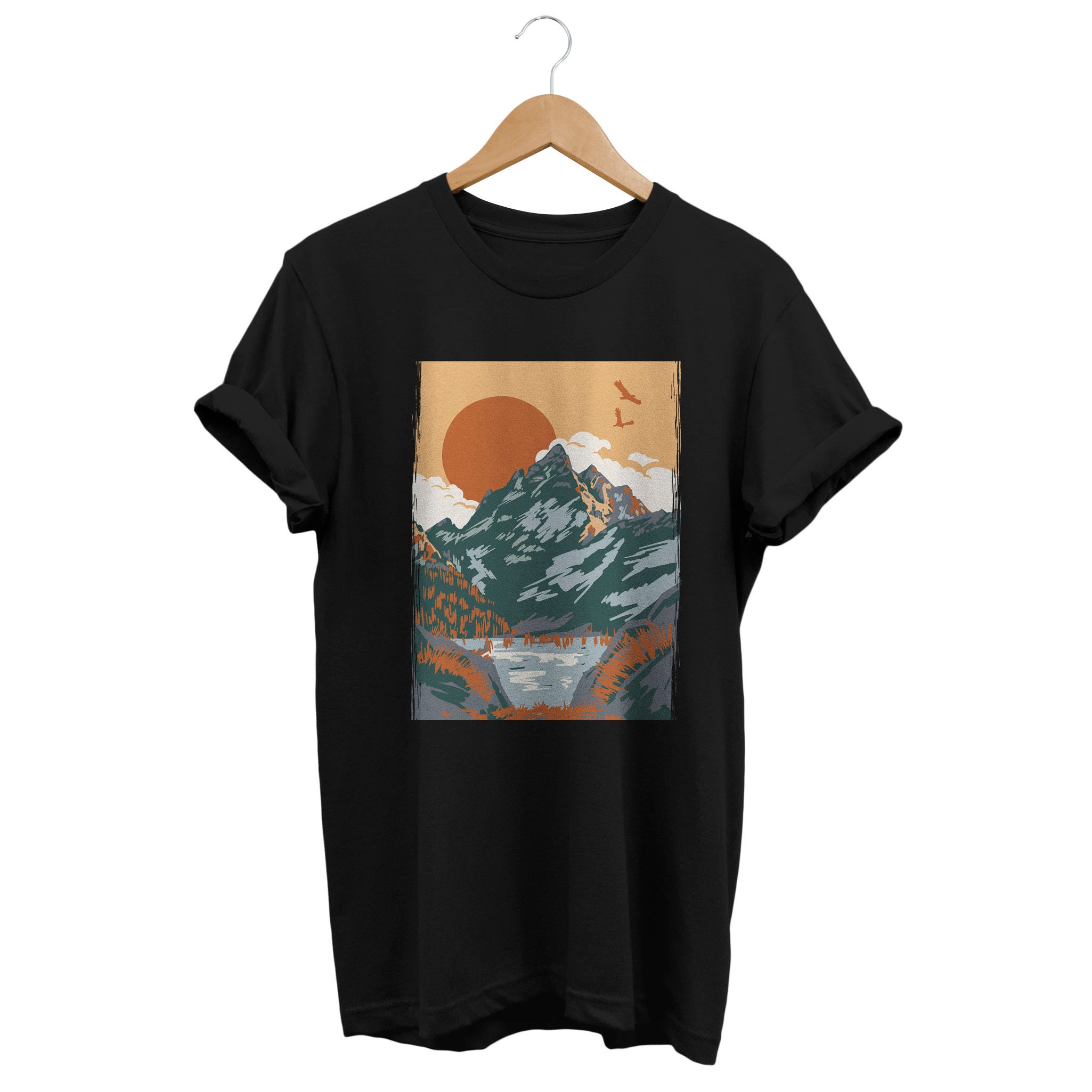 Binshre Women's Vintage Sunset Graphic Tee - Short Sleeve Camping Landscape T-Shirt In Grey