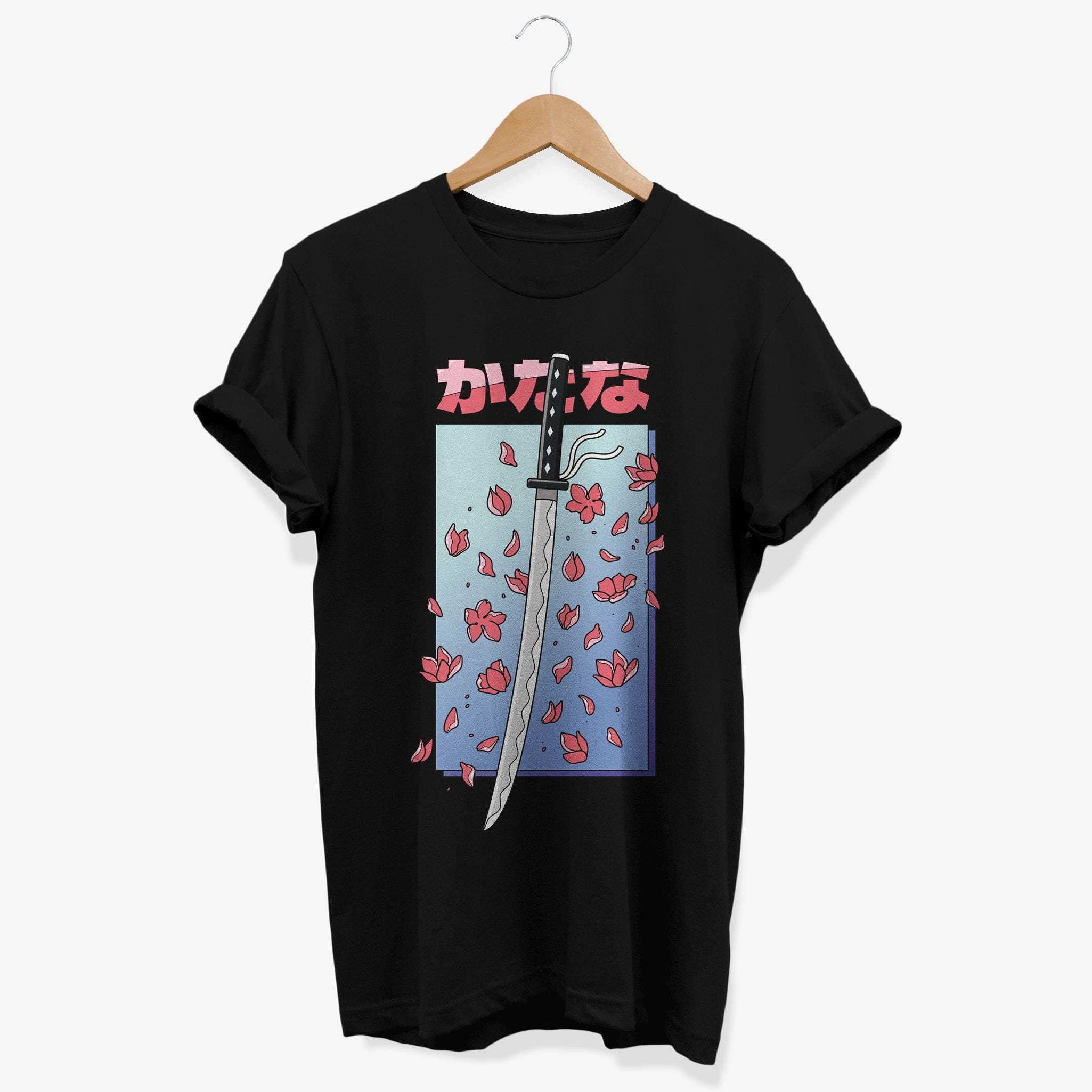 Kawaii Katana Sakura Flowers T-shirt | Japanese Aesthetic Graphic Tee | Japan Samurai Sword Tshirt