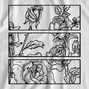 May include: Black and white floral design featuring roses and leaves, arranged in three rectangular panels. The artwork showcases detailed line drawings of the flowers, set against a textured white background, creating a classic botanical theme.