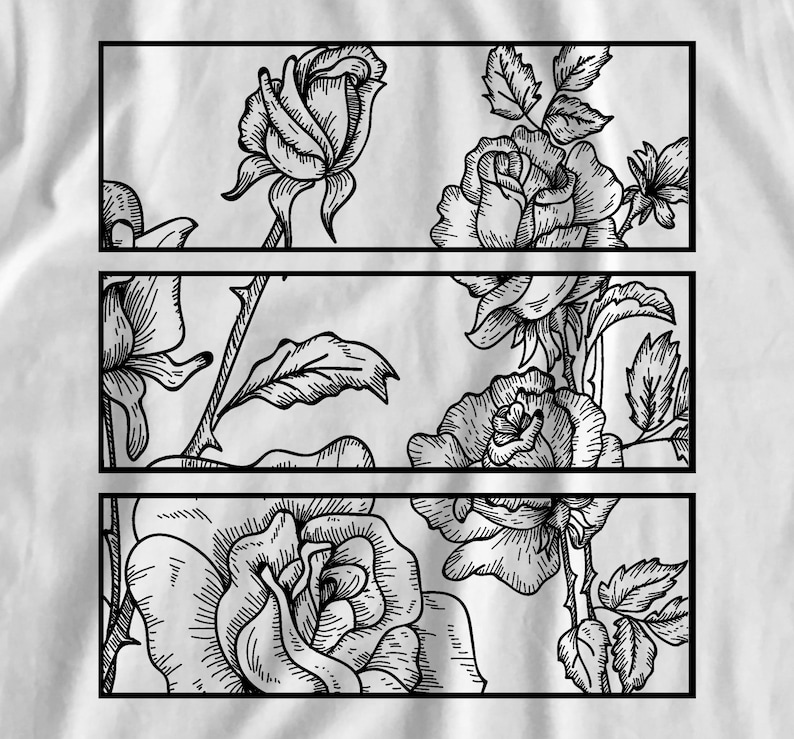 May include: Black and white floral design featuring roses and leaves, arranged in three rectangular panels. The artwork showcases detailed line drawings of the flowers, set against a textured white background, creating a classic botanical theme.