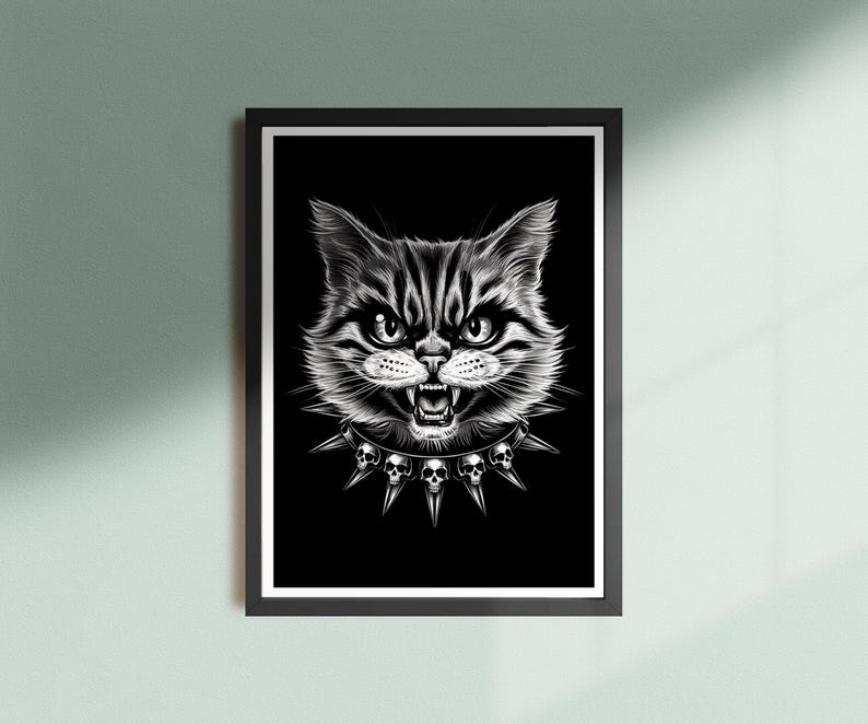 Gothic Cat Print, Punk Cat Poster, Kitty Skulls Spiked Collar Wall