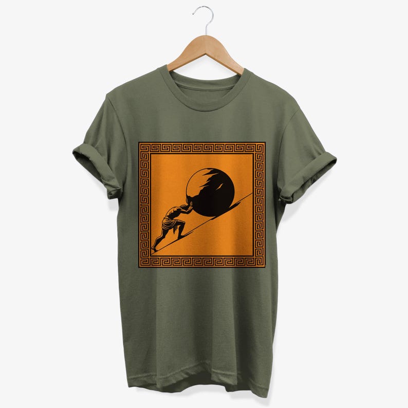 May include: A green t-shirt with a graphic of a person pushing a large stone uphill. The graphic is surrounded by a black and orange Greek key border. The graphic is on an orange background.
