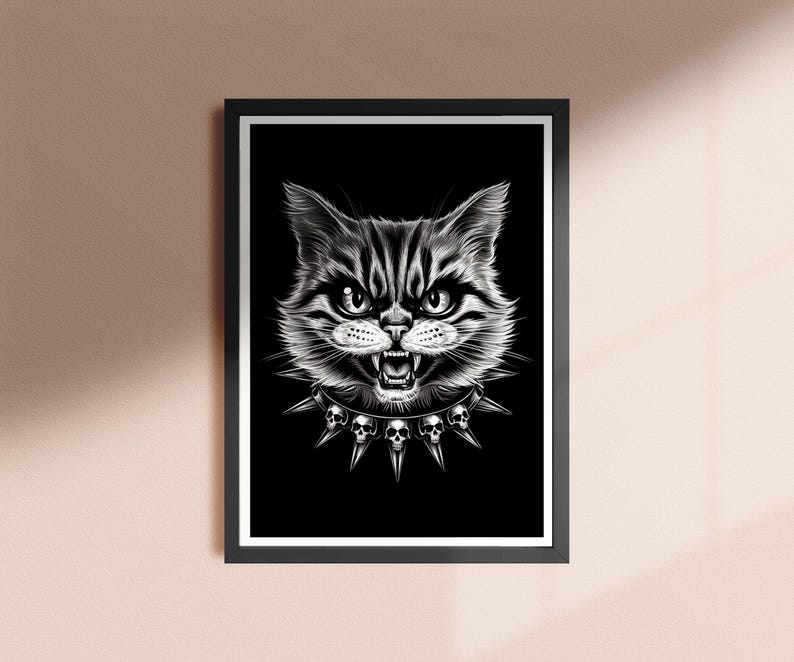 Gothic Cat Print, Punk Cat Poster, Kitty Skulls Spiked Collar Wall