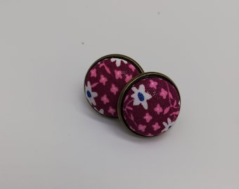 Lobe earrings, button earrings, fuchsia fabric earrings, polka dot earrings, floral earrings