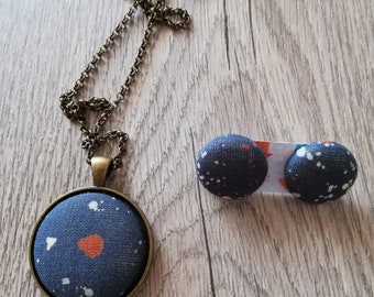 Necklace and earrings spots, necklace and earrings fabric, necklace and earrings button, necklace and blue earrings