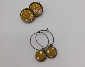 Lobe earrings, pendant earrings, button earrings, ochre fabric earrings, polka dot earrings, floral earrings