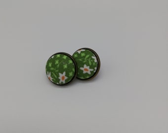Lobe earrings, button earrings, green fabric earrings, polka dot earrings, floral earrings