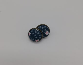 Lobe earrings, button earrings, blue fabric earrings, polka dot earrings, floral earrings