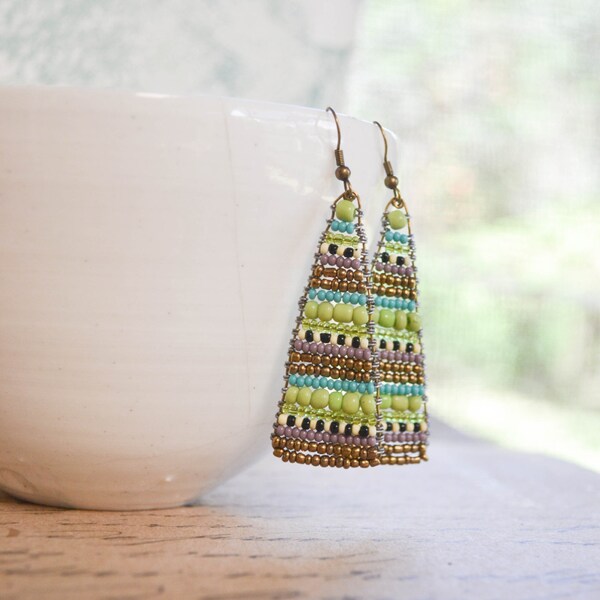 Brightly coloured triangle tribal beaded earrings