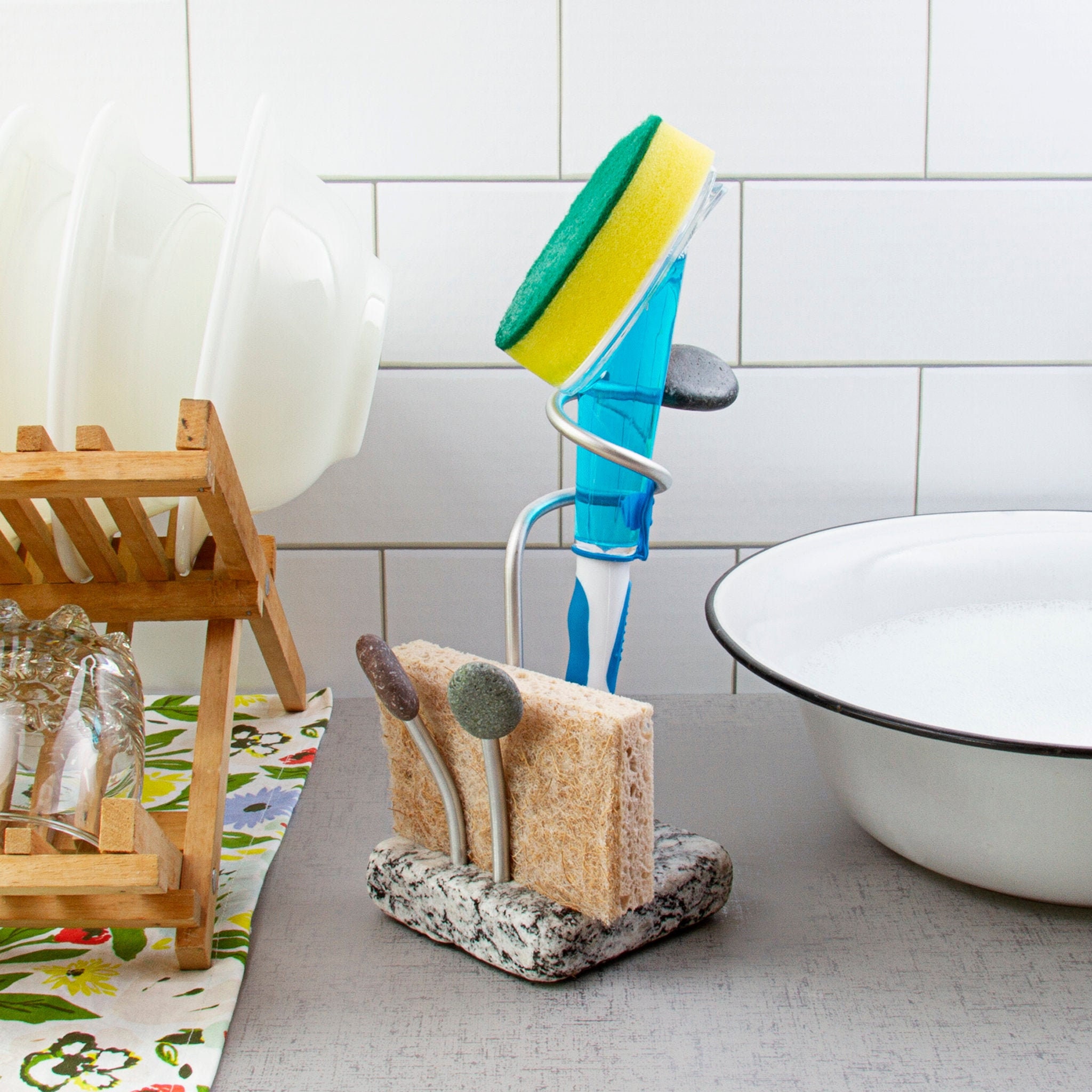 Handmade Ceramic Kitchen Sink Caddy With Glass Bottle Soap and Sponge Holder,  Brush Organizer 