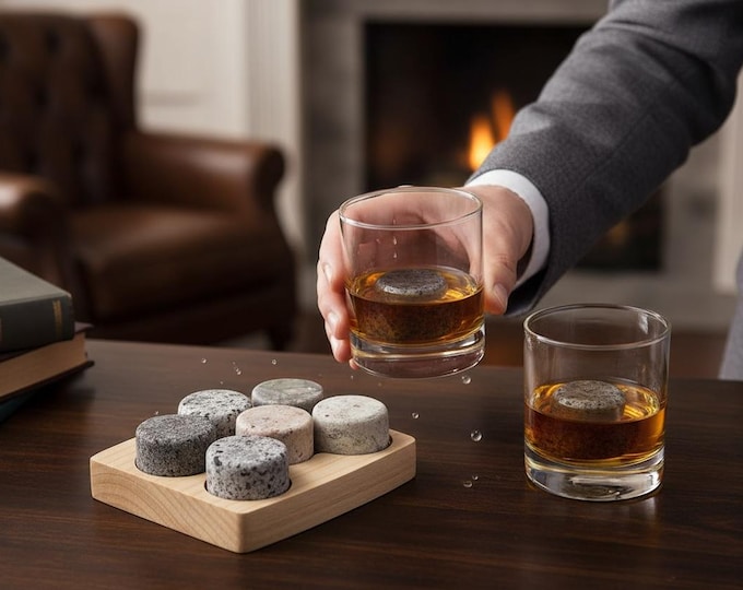 On The Rocks Solid Granite Whiskey and Scotch Chillers, Barware, Gift Set, Freezer to Table