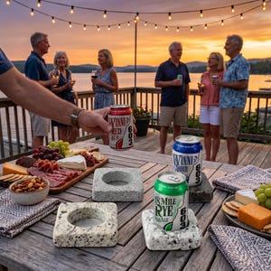 May include: A hand holds a red Winni Red Ale 603 can above a wooden table featuring square granite stone drink holders, a blue Winni Amber 603 can, a green 18 Mile Rye Pale Ale 603 can, and wooden boards filled with assorted cheeses, meats, and grapes.