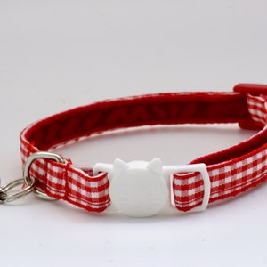 GINGHAM RED Red and White Cat Collar with Breakaway Buckle, Split Ring and Removable Bell. Handmade in Australia. White Cat Face