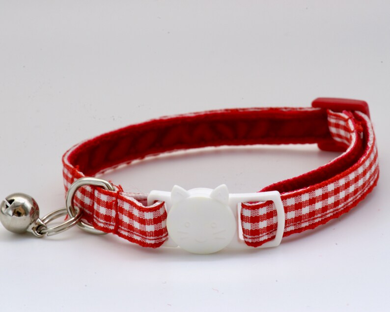 GINGHAM RED Red and White Cat Collar with Breakaway Buckle, Split Ring and Removable Bell. Handmade in Australia. White Cat Face