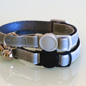 Silver Grey - Adjustable Double Velvet Cat collar with breakaway buckle and silver bell or non breakaway and D ring. Handmade in Australia.