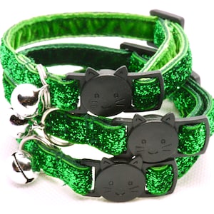 Glitter Green Cat sparkle adjustable collar with velvet lining breakaway buckle and silver bell. Handmade in Australia.