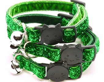 Glitter Green Cat sparkle adjustable collar with velvet lining breakaway buckle and silver bell. Handmade in Australia.