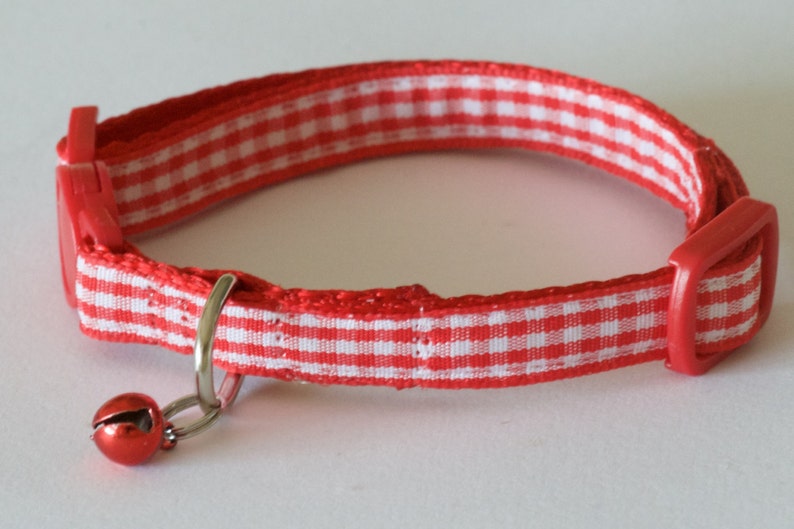 GINGHAM RED Red and White Cat Collar with Breakaway Buckle, Split Ring and Removable Bell. Handmade in Australia. image 6
