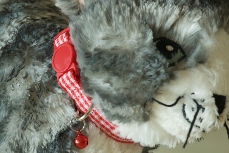 GINGHAM RED Red and White Cat Collar with Breakaway Buckle, Split Ring and Removable Bell. Handmade in Australia. image 7