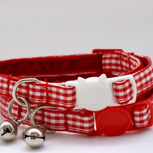 GINGHAM RED Red and White Cat Collar with Breakaway Buckle, Split Ring and Removable Bell. Handmade in Australia. image 1