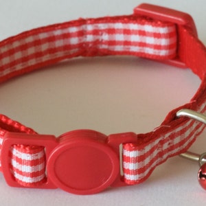 GINGHAM RED Red and White Cat Collar with Breakaway Buckle, Split Ring and Removable Bell. Handmade in Australia. image 4