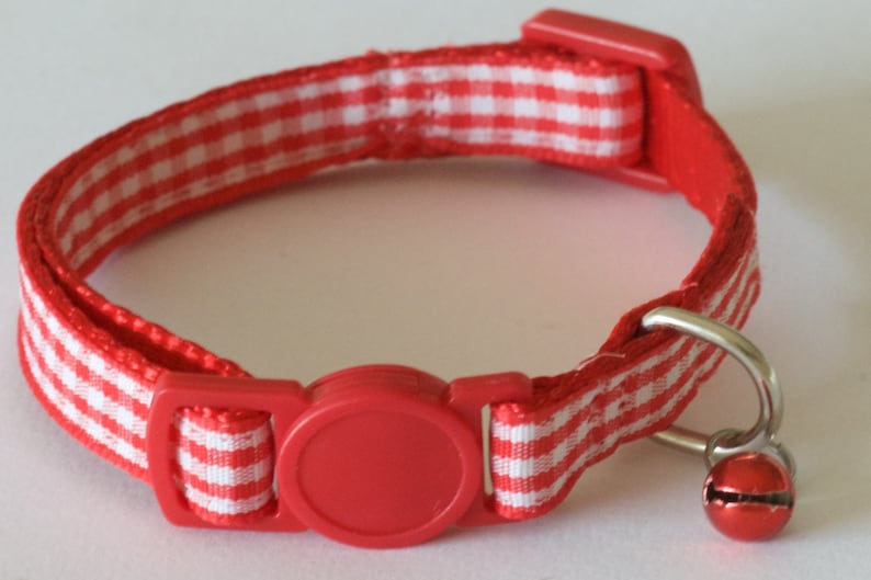 GINGHAM RED Red and White Cat Collar with Breakaway Buckle, Split Ring and Removable Bell. Handmade in Australia. image 4