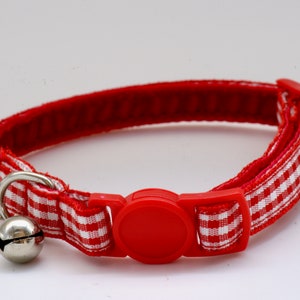 GINGHAM RED Red and White Cat Collar with Breakaway Buckle, Split Ring and Removable Bell. Handmade in Australia. image 3