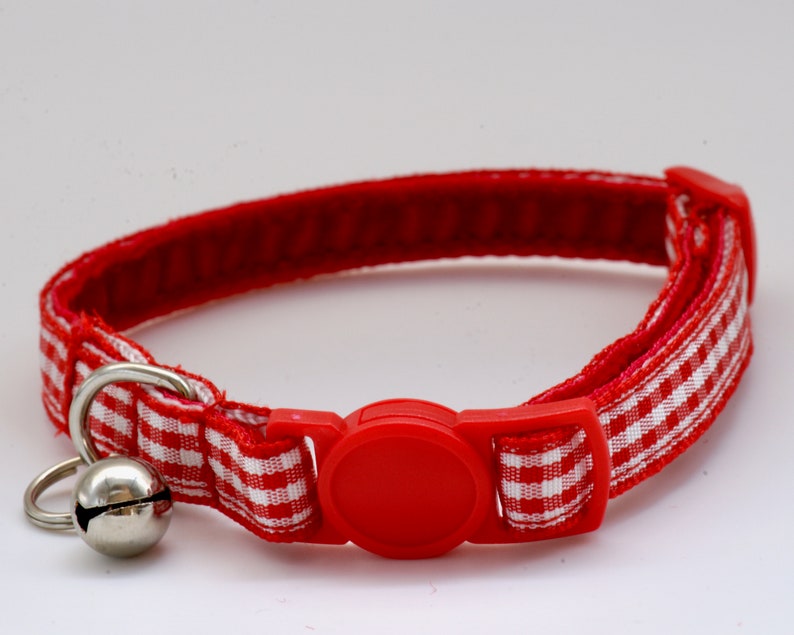 GINGHAM RED Red and White Cat Collar with Breakaway Buckle, Split Ring and Removable Bell. Handmade in Australia. image 3