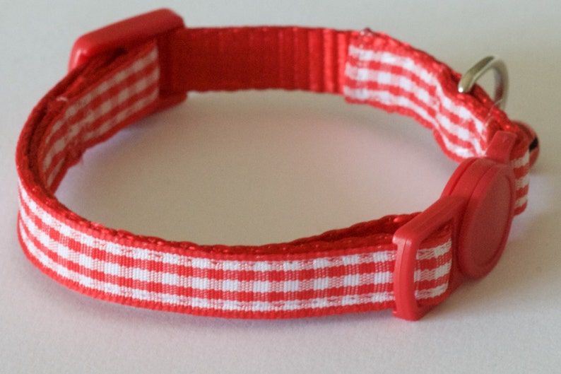 GINGHAM RED Red and White Cat Collar with Breakaway Buckle, Split Ring and Removable Bell. Handmade in Australia. image 5