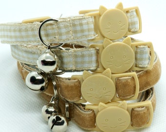 BEIGE IS BEAUTIFUL - GinghamCat collars with breakaway buckle and silver bell. Handmade in Australia.