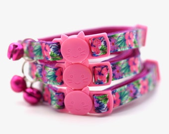 Tropical - Adjustable Floral collar with velvet lining breakaway buckle and jingle bell or non breakaway and d ring. Handmade in Australia.