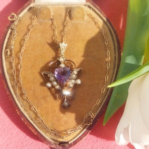 Antique Amethyst Heart Pendant, 15K Gold Lavalier Pendant with Seed Pearls. Victorian.