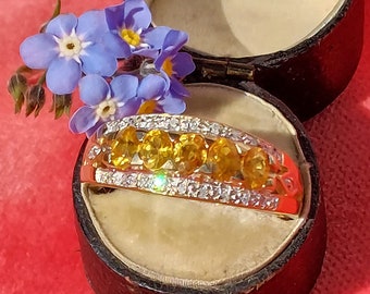 Vintage gele saffier en diamanten ring, 9K goud