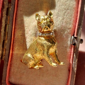 Vintage Gold Brosche für Hunde mit Diamant-Halsband. 18K, Französische Bulldogge