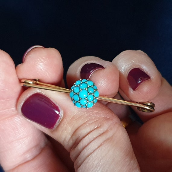 Antique Victorian 9K Gold Turquoise Brooch. Pave B