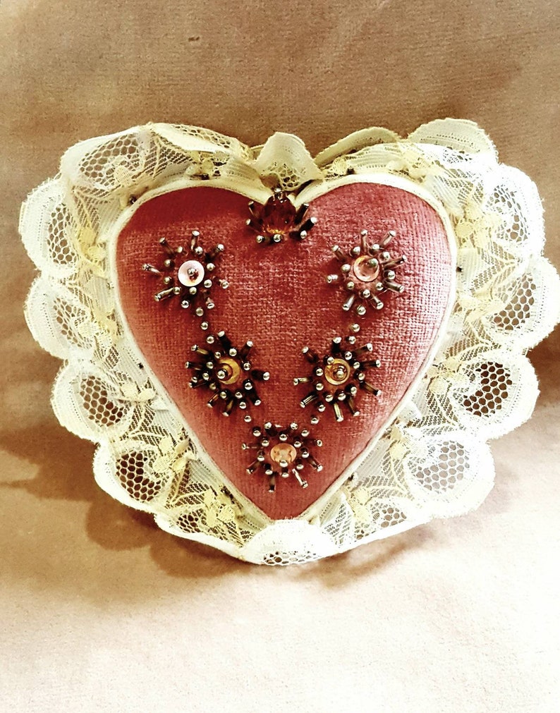 Vintage pin cushion. hand made heart shaped pin cushion. Pink Etsy
