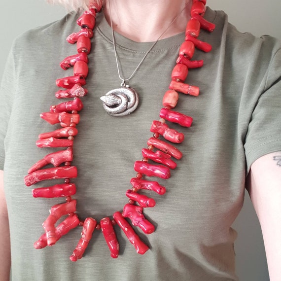 Sold at Auction: Red Coral Branch Bib Necklace, Earrings, 3